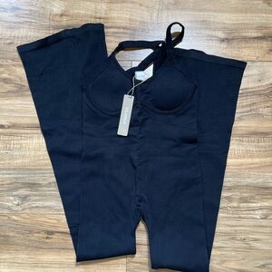 Vilanva Ribbed Wide Leg Jumpsuits for Women Black Adjustable Straps NWT Size S